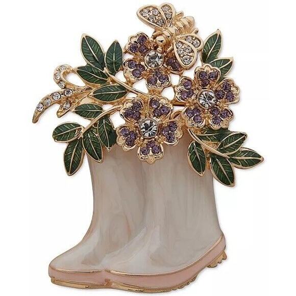 Anne Klein Floral Bee Boots Brooch Pin Stunning Elegant Chic Gold Tone Crystal - Picture 1 of 5